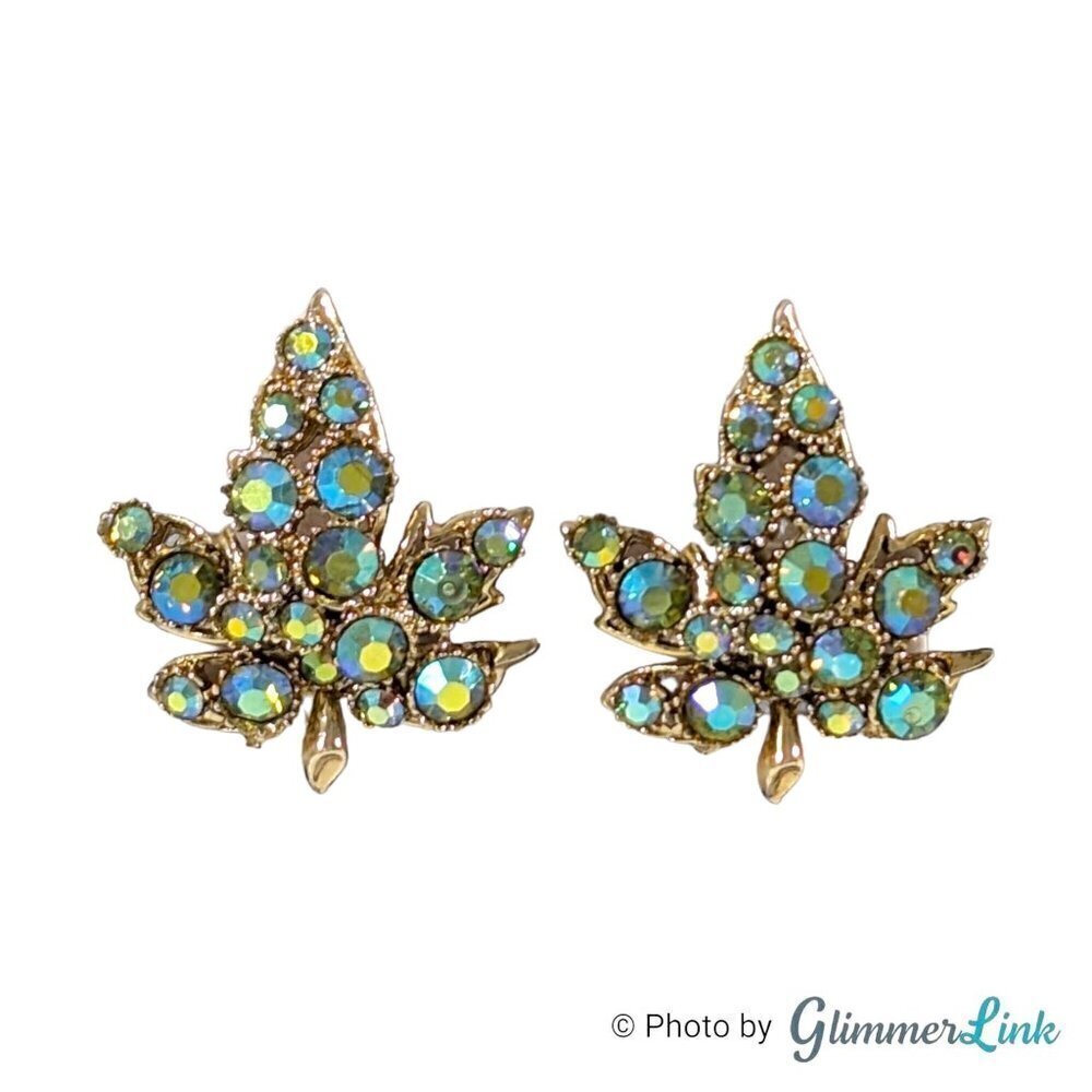 Vintage BSK Aurora Borealis Maple Leaf Gold Tone Ear Climber Clip On Earrings